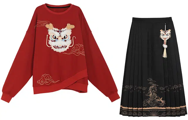 森女部落 原创过年龙年新年战袍国风红色显白加绒新中式马面裙半身裙卫衣套装 女款