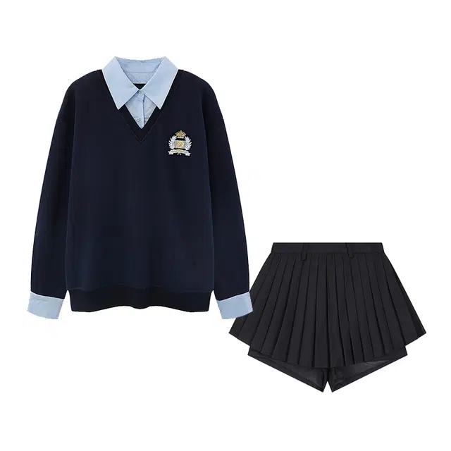 冰淇淋与鲸 学院风拼色徽章刺绣假两件套头卫衣百褶高腰裤裙卫衣套装 女款