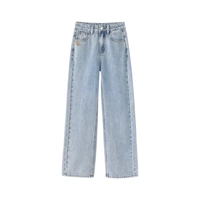 花栗鼠小姐 玉溪春 水洗做旧设计感竹叶剪影刺绣高腰宽松直筒阔腿休闲牛仔裤 女款