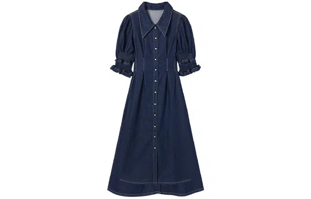 水洗做旧收腰牛仔泡泡短袖中长款短袖连衣裙 夏季 女款 对白