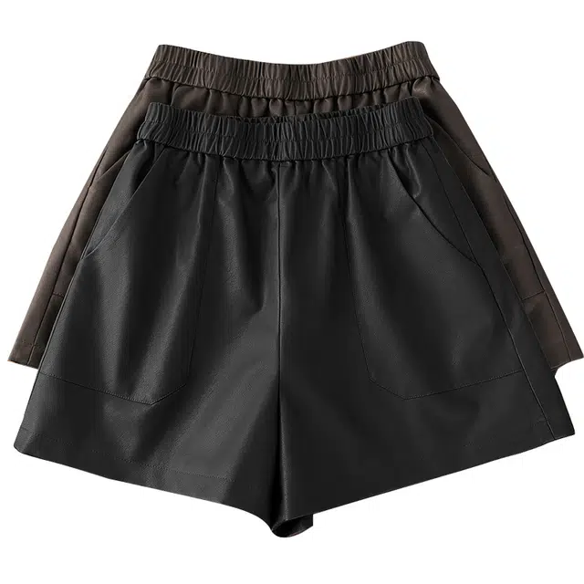 她池 松紧腰阔腿显瘦短裤韩版纯色皮裤 女款