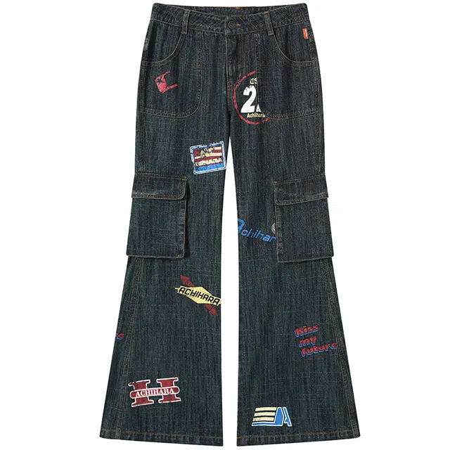 识恩 美式复古喇叭做旧工装时髦牛仔裤 女款