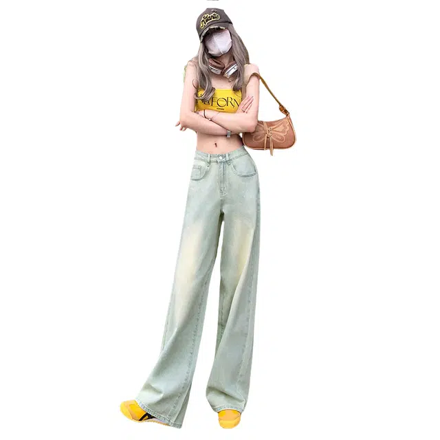 涂诗菲 美式复古风高腰直筒裤宽松牛仔裤 女款 怀旧蓝