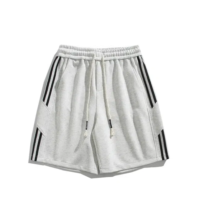 中国航天 美式复古条纹拼接弧形结构宽松户外中腰系带五分裤休闲短裤 男女同款