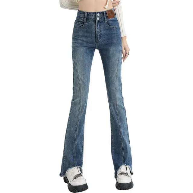 玫丝朵 高腰弹力微喇叭复古怀旧辣妹毛边开叉牛仔裤 女款