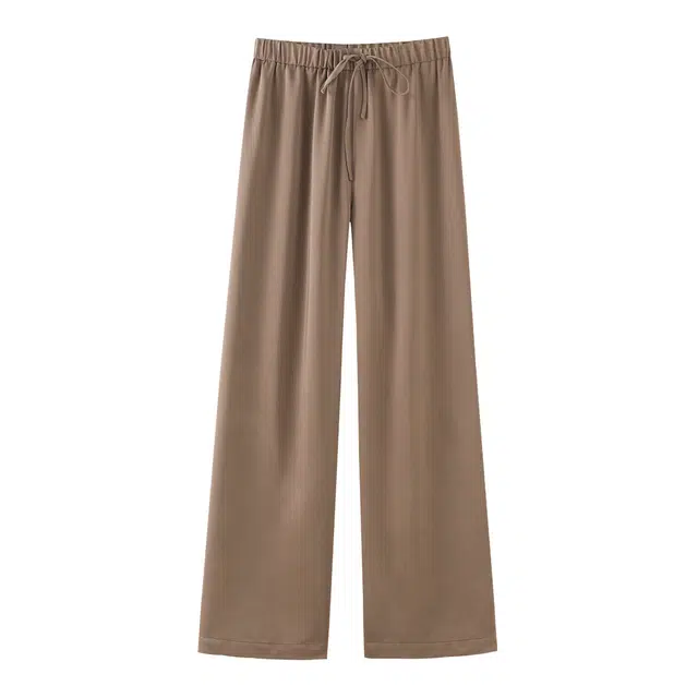 花栗鼠小姐 流光缎面裤 日常简约通勤风舒适系带松紧腰显瘦宽松直筒阔腿休闲裤 女款