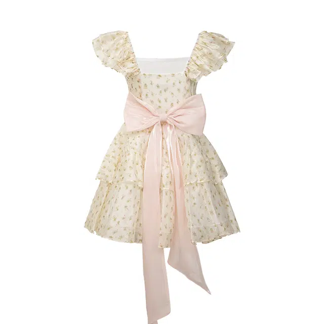 小镇姗姗 花漾~大蝴蝶结金色碎花小飞袖连衣裙女夏季约会公主裙