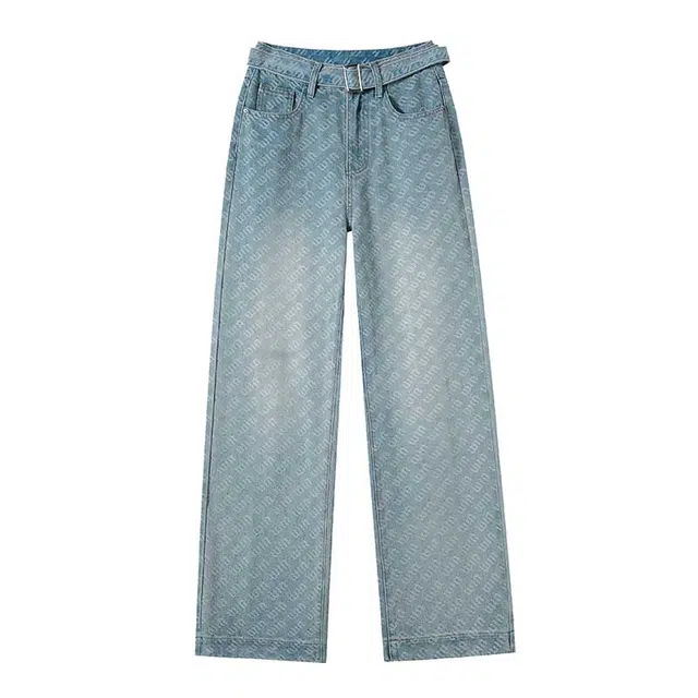 法文箱子 不硬舒适亲肤微弹高街高腰阔腿牛仔裤 女款 蓝色