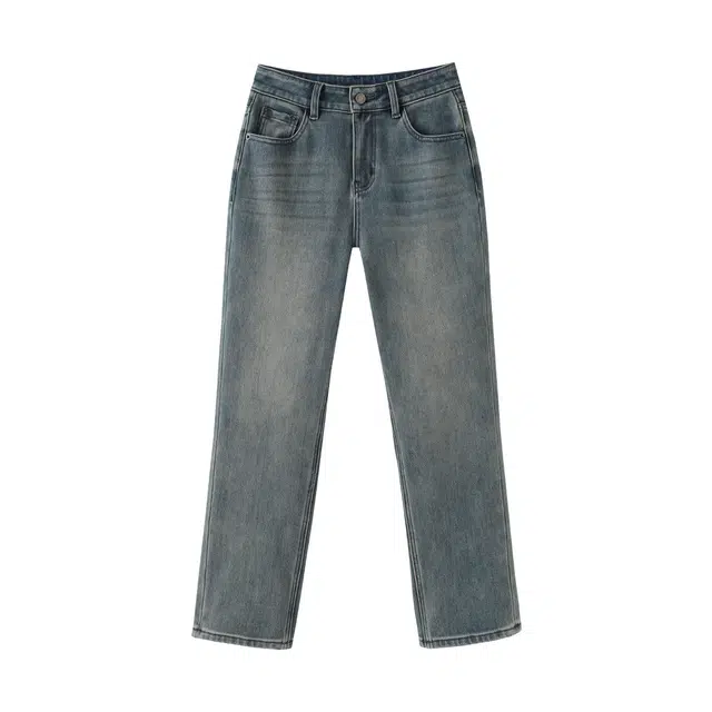 花栗鼠小姐 经典休闲百搭水洗磨毛洋气加绒宽松直筒九分牛仔裤 女款