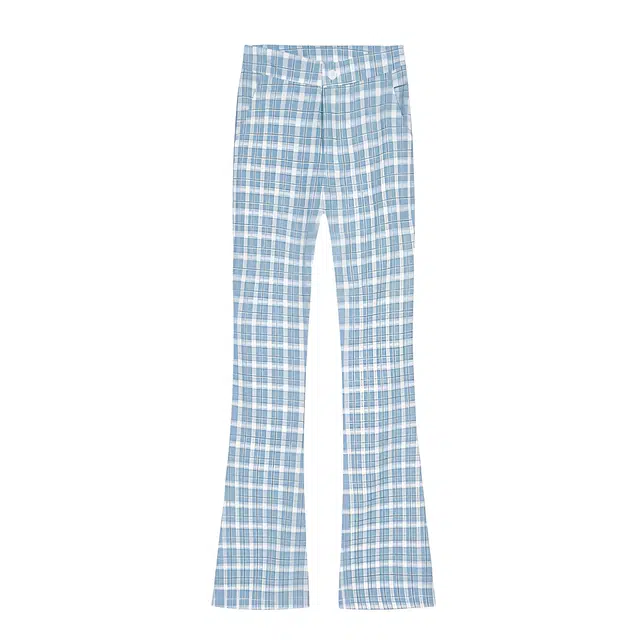 木清清 复古高腰合身慵懒休闲裤 女款 蓝格