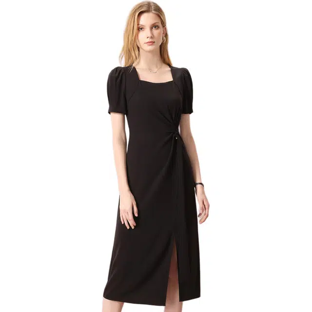 粉红玛琍 高腰套头纯色方领短袖连衣裙 女款 黑色