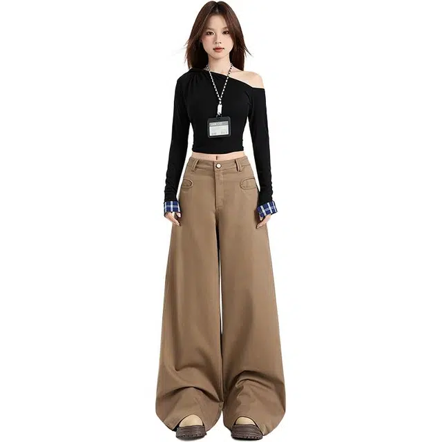 玫丝朵 美式复古设计宽松直筒阔腿拖地休闲裤 女款