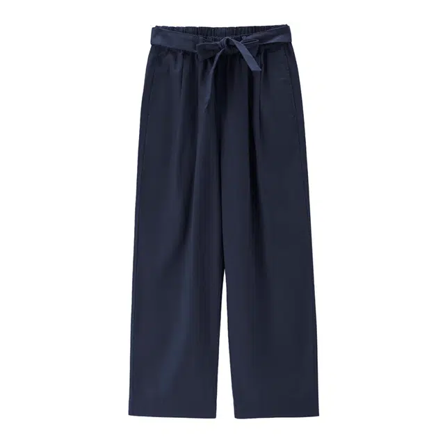 佐丹奴 天然棉麻绑带松紧腰梭织阔腿九分裤休闲裤 女款