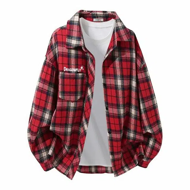 红蜻蜓 美式复古潮流字母格子条纹图案设计创意口袋宽松长袖衬衫 男女同款