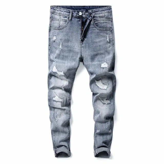 吉肯蒂 浅色破洞修身小脚牛仔裤 男款