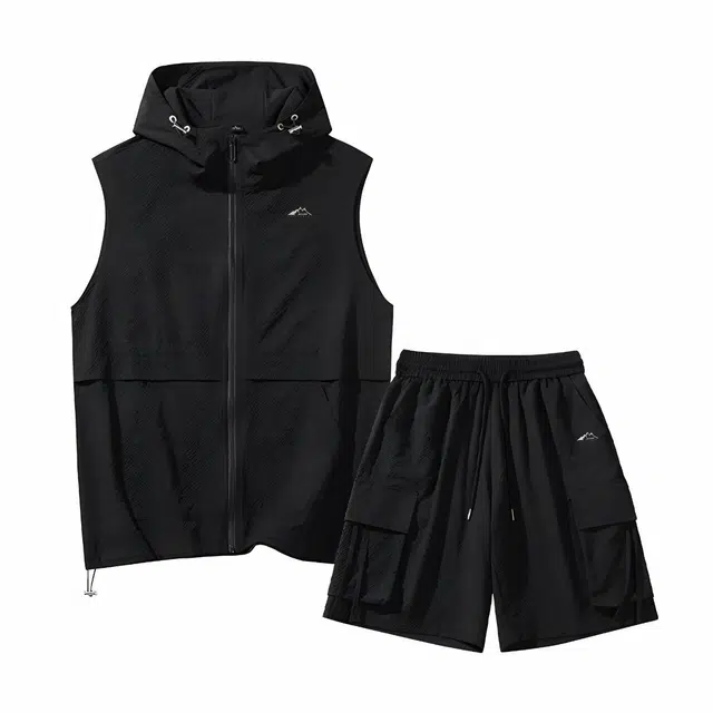 赛琪 美式复古高街舒适时尚简约纯色连帽无袖背心宽松百搭透气速干轻薄系带短裤休闲运动套装 男女同款