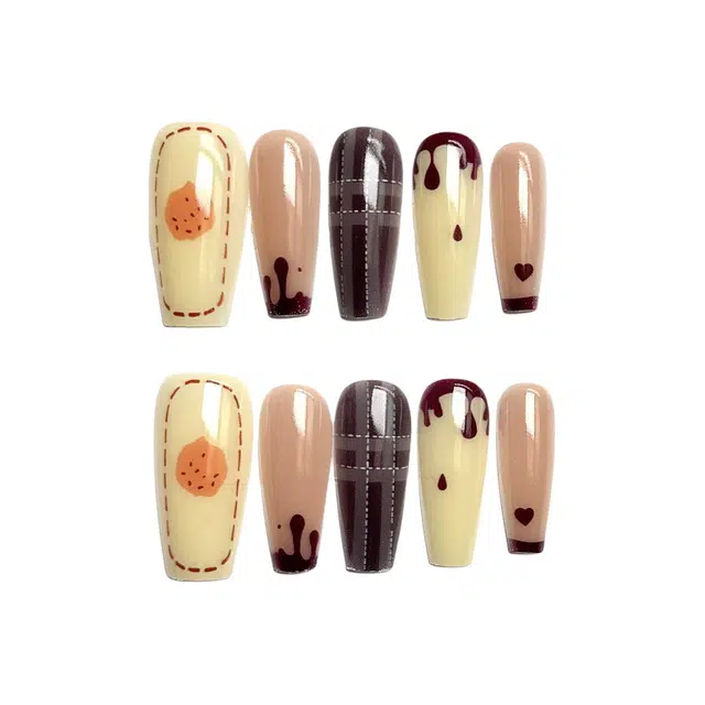 计轩 高级卡通曲奇印花温柔显白  穿戴甲 方型奶黄色跳色 可爱