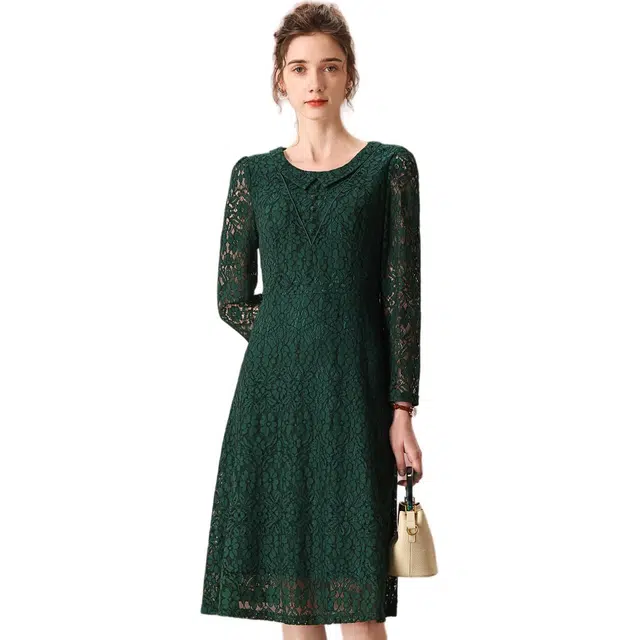 粉红玛琍 简约舒适休闲镂空长袖连衣裙 女款 绿色
