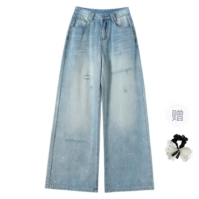 涂诗菲 美式辣妹高街闪粉设计感破洞阔腿直筒裤高腰显瘦牛仔裤 女款