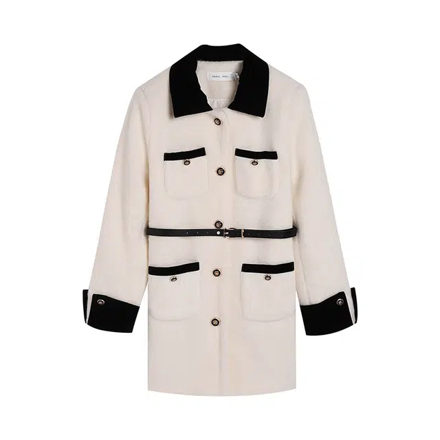 冰淇淋与鲸 复古拼接单排扣小香风长袖连衣裙 女款 奶白色