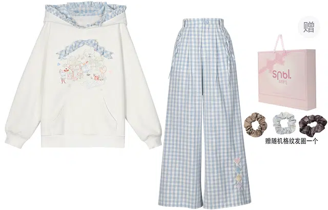 森女部落 爱丽丝童话风元气少女连帽卫衣高腰阔腿裤格纹休闲套装 女款