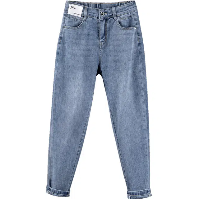 丝柏舍 高腰多口袋哈伦裤休闲半松紧腰九分水洗牛仔裤 女款