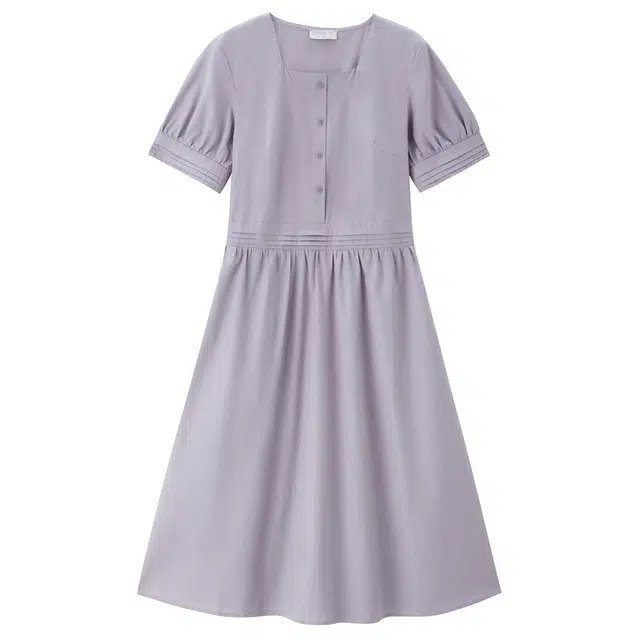 佐丹奴 方领压线收腰梭织短袖连衣裙 女款