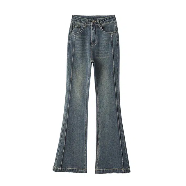 云妃秀 大码女装牛仔裤时髦休闲微胖高腰显瘦气质减龄喇叭长裤夏季 女款 蓝色
