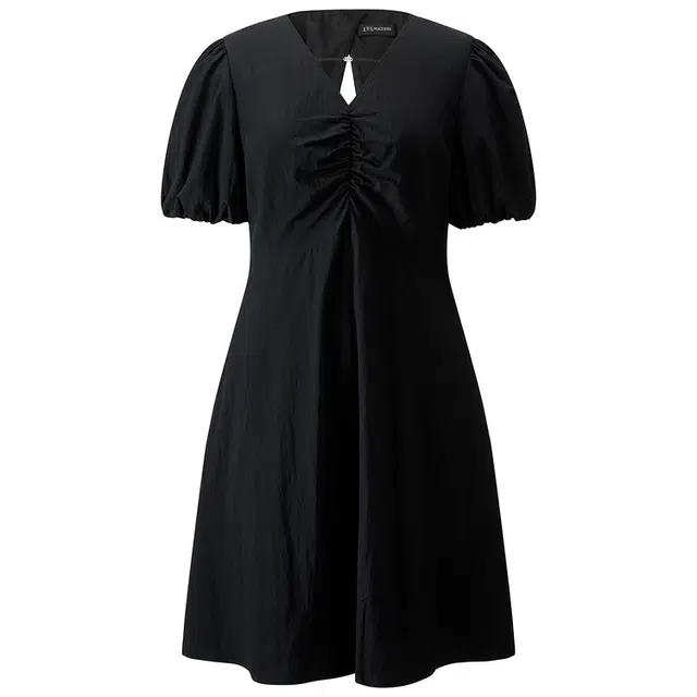 太平鸟 凉感收腰泡泡袖短袖连衣裙 女款 黑色