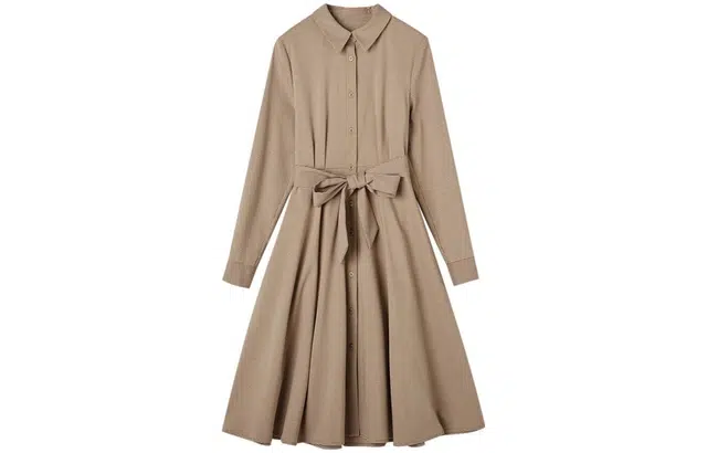 【dme】 格子满印衬衫式系带收腰长长袖连衣裙 女款 浅咖色