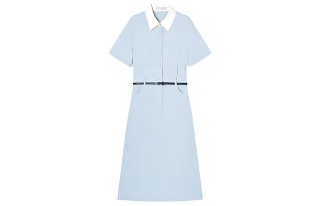 对白 纯色高腰衬衫短袖连衣裙 冰水蓝