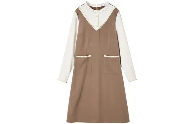 【dme】 假两件气质复古收腰长袖连衣裙 淡咖色