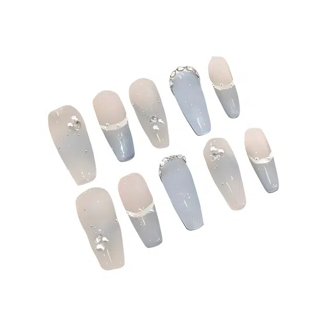 计轩 夏日法式猫蝴蝶气质可拆卸  穿戴甲 中梯白蓝纯色 亮片