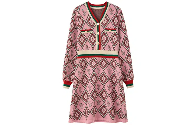 【dme】 设计感气质收腰小香风高端精致针织裙长袖连衣裙 桃红