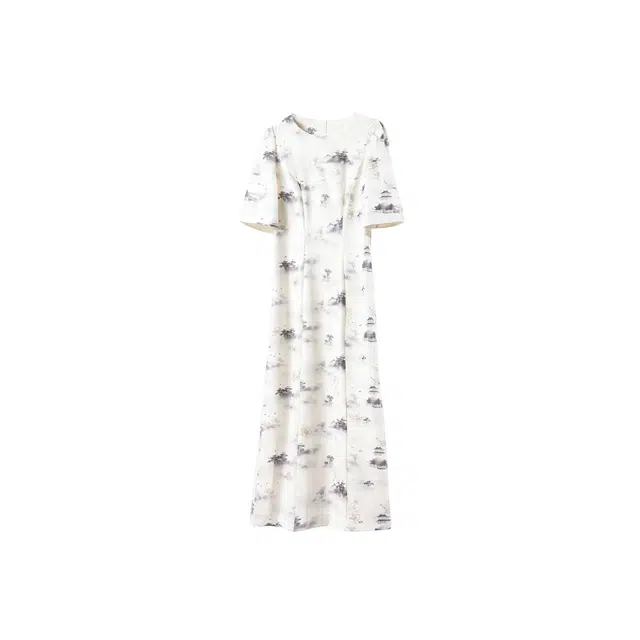 富铤 中国风水墨印花圆领刺绣透气短袖连衣裙 女款 灰色