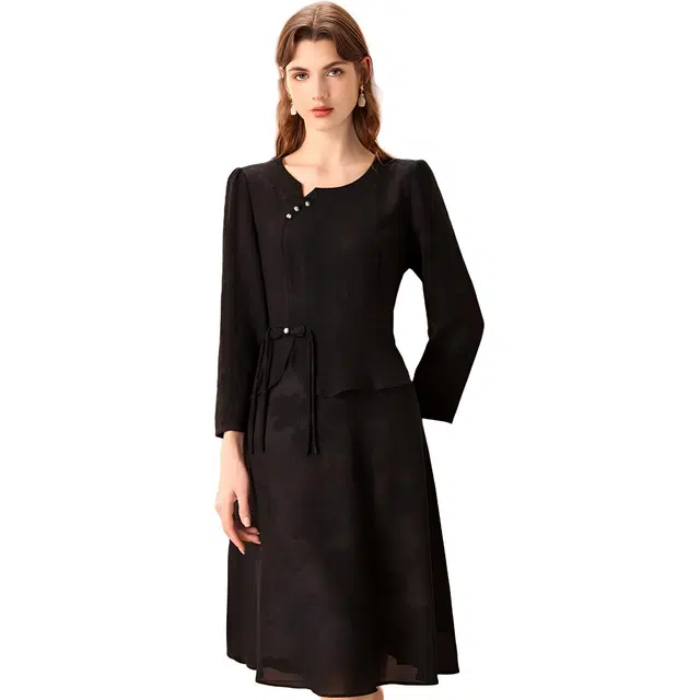 粉红玛琍 圆领国风提花假两件拼接长袖连衣裙 女款 黑色