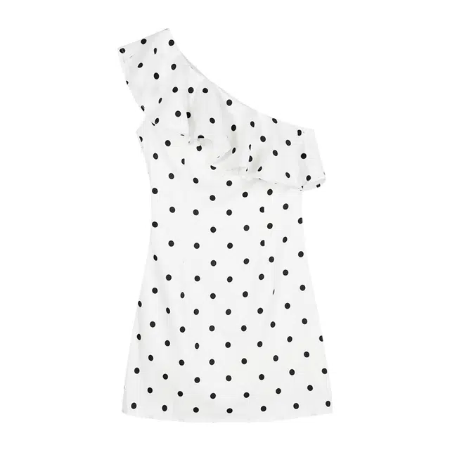 怪力萝莉 高级感波点荷叶边斜肩辣妹女夏日爆款度假短裙包臀裙子短袖连衣裙 女款