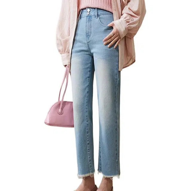 谜秀 高腰直筒小个子九分薄款复古显瘦毛边烟管裤子牛仔裤 女款