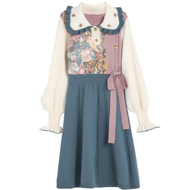 森女部落 原创甜美针织连衣裙复古油画风氛围感裙子初秋内搭打底裙 女款