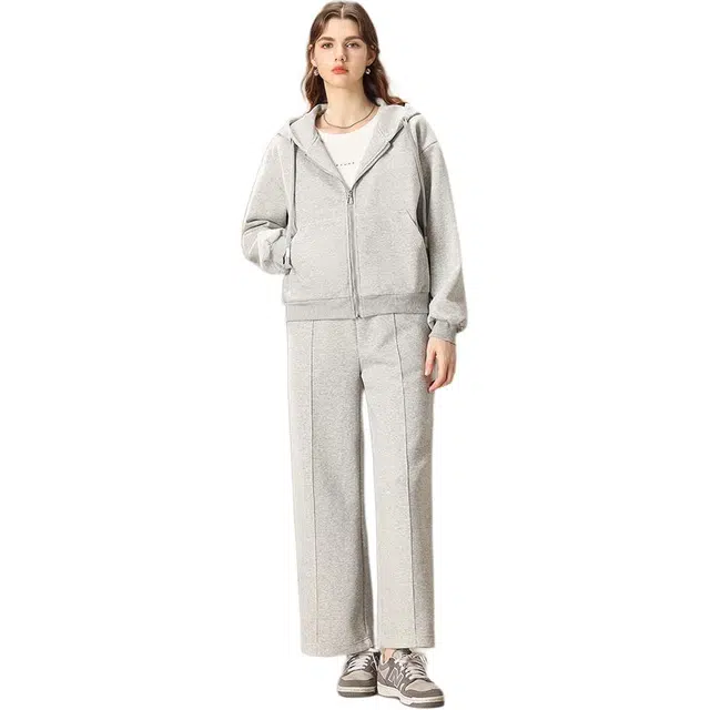 粉红玛琍 宽松纯色连帽拉链长袖高腰阔腿裤子休闲套装 女款 中灰