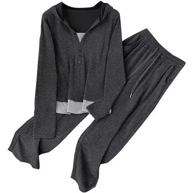 她池 假两件舒适纯色上衣舒适百搭下衣休闲套装 女款 深灰色