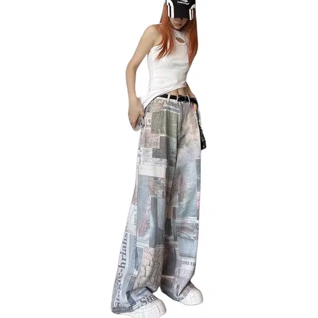 欧迪芬 美式报纸小众高腰牛仔裤 男女同款 复古蓝