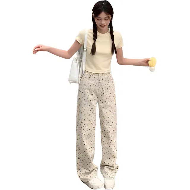 淑好百 春夏美式复古直筒女设计感高腰宽松休闲牛仔裤 女款 碎花杏色