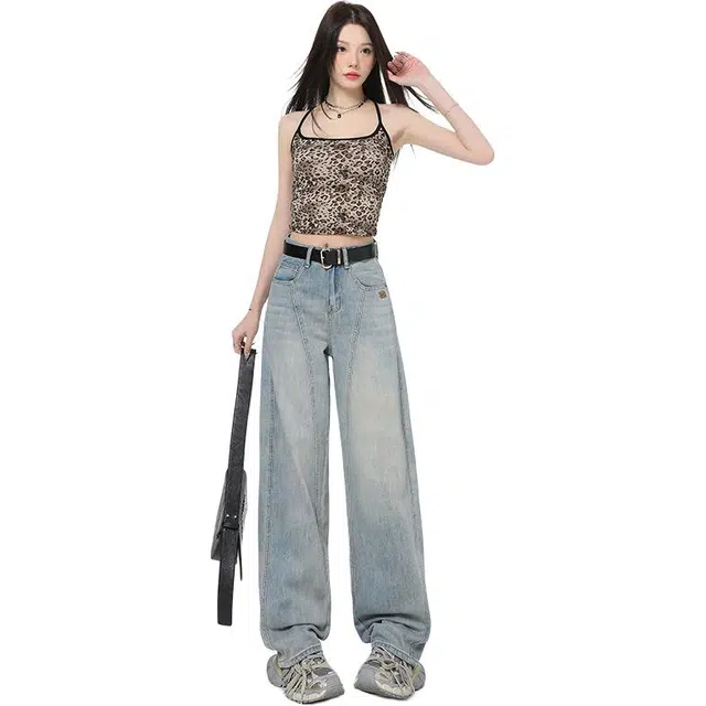 莫代尔 镰刀裁剪阔腿神裤~宽松现货显高阔腿拖地裤长裤加长牛仔裤 女款