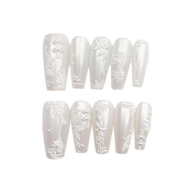 计轩 珠光中国风刺绣浮雕  穿戴甲 方型白色纯色 可爱 温柔显白显细