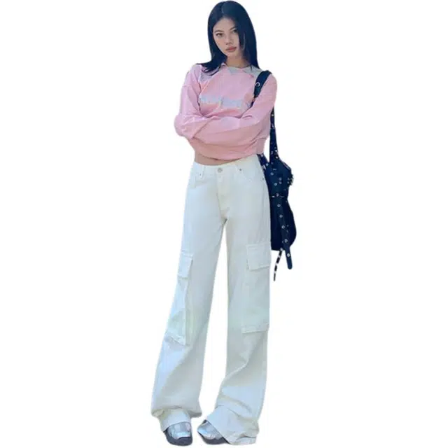 玫丝朵 美式复古纯色多口袋设计低腰宽松直筒阔腿工装裤 女款