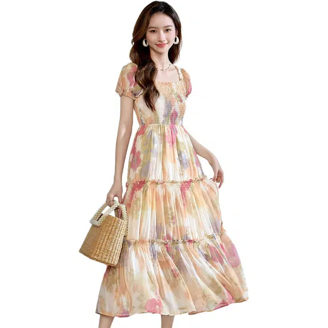爱依莲 森系油画印花时尚设计感收腰方领短袖连衣裙 女款 莫奈花园
