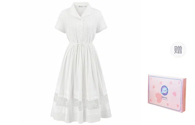 东鲸岁时记 法式气质通勤纯色简约舒适短袖连衣裙 女款 礼盒装 白色连衣裙（含内衬 腰部抽绳设计）
