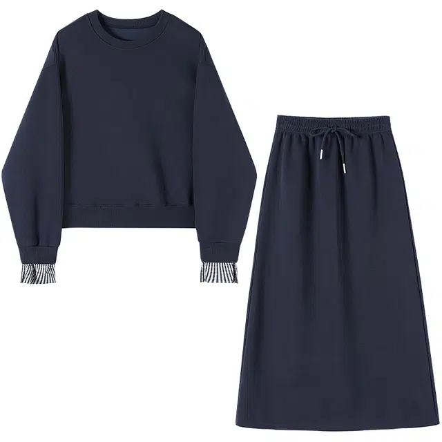 她池 圆领上衣搭半身裙两件套休闲套装 女款 藏青色