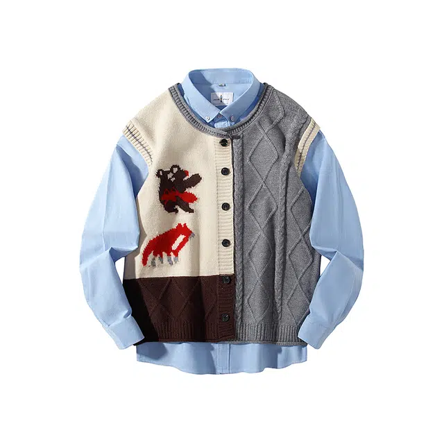 红蜻蜓 时尚独特卷边圆领针织马甲舒适百搭复古内搭衬衫套装 男女同款 灰色